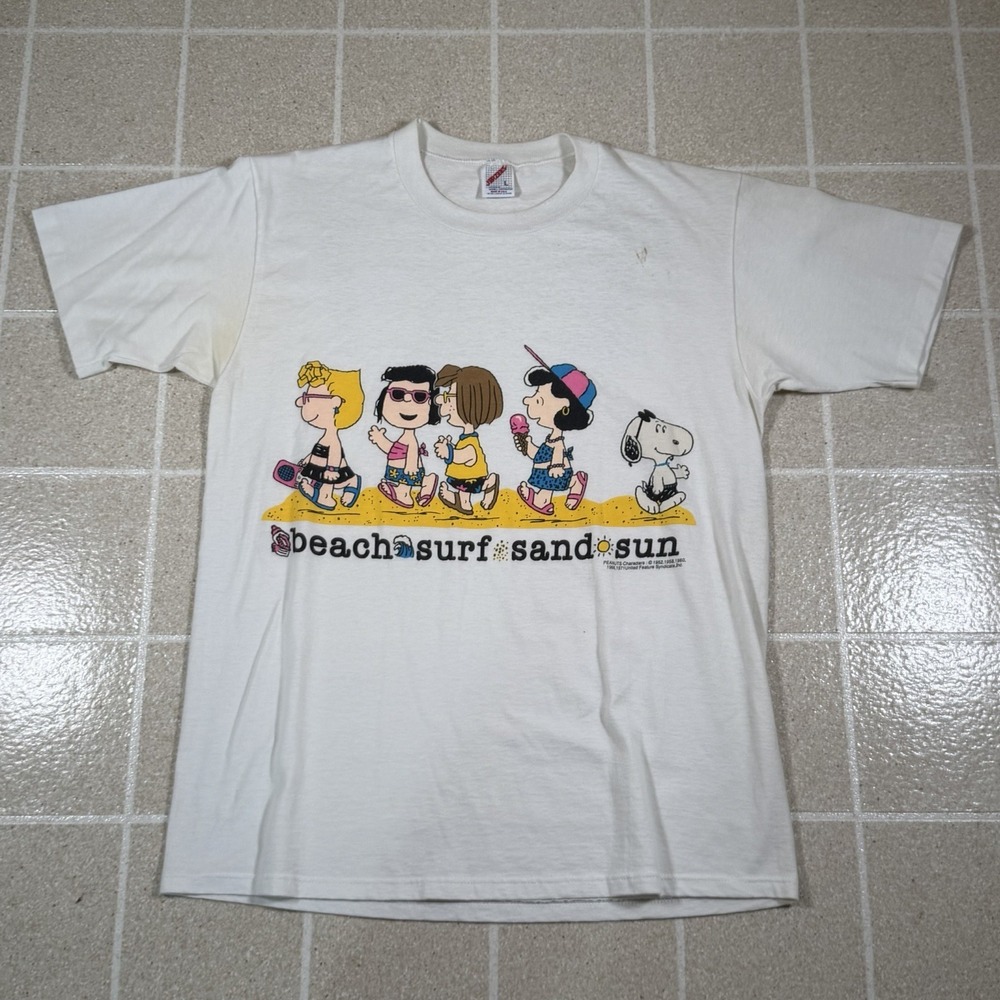 Vintage 90s Peanuts "Beach Surf Sand Sun" Sz L  T-Shirt Snoopy RARE Made In USA